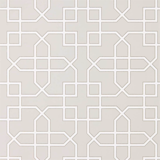 Pale grey wallpaper with crisp white interlocking geometric trellis pattern