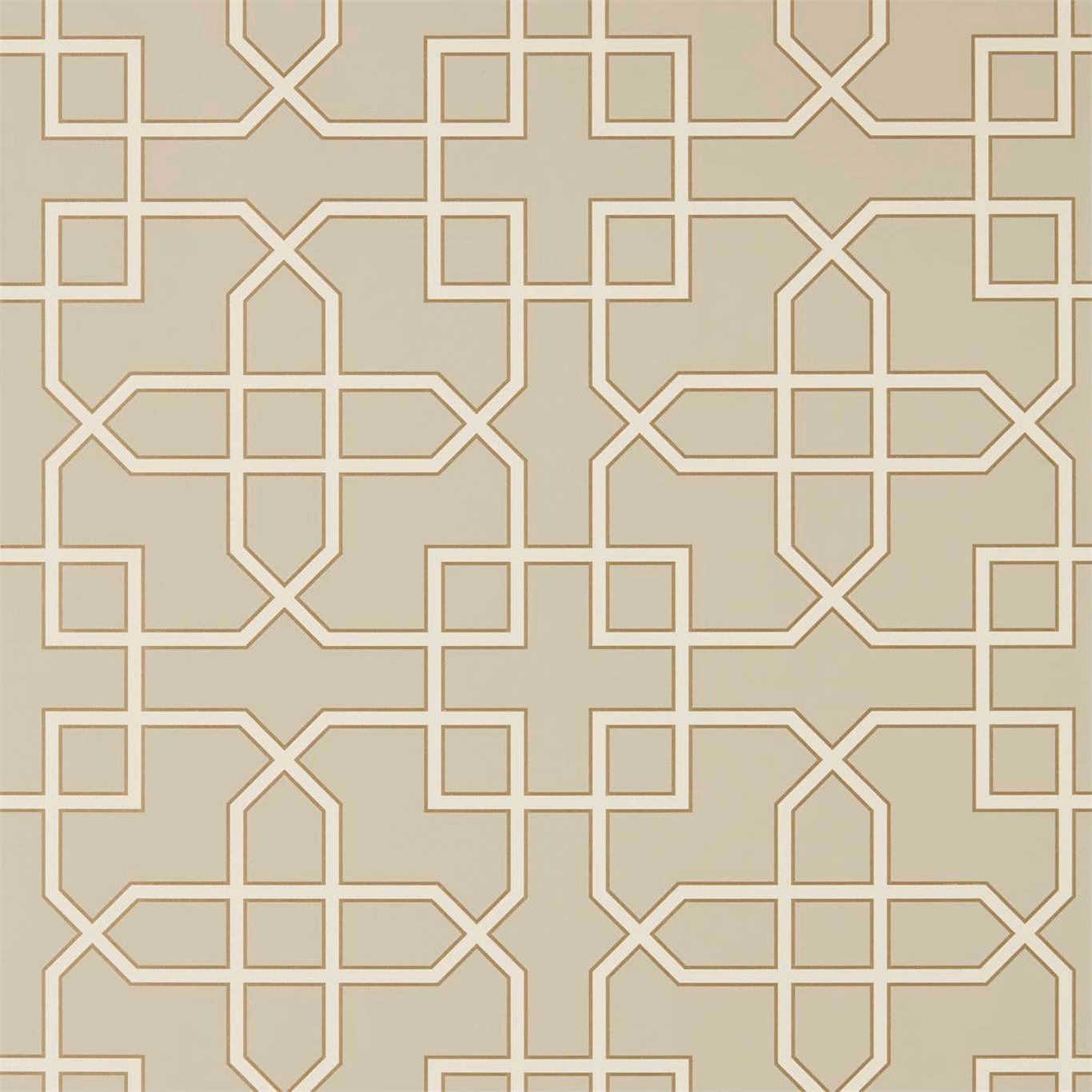 Soft greige wallpaper with warm taupe-gold interlocking trellis outlines and angular motifs