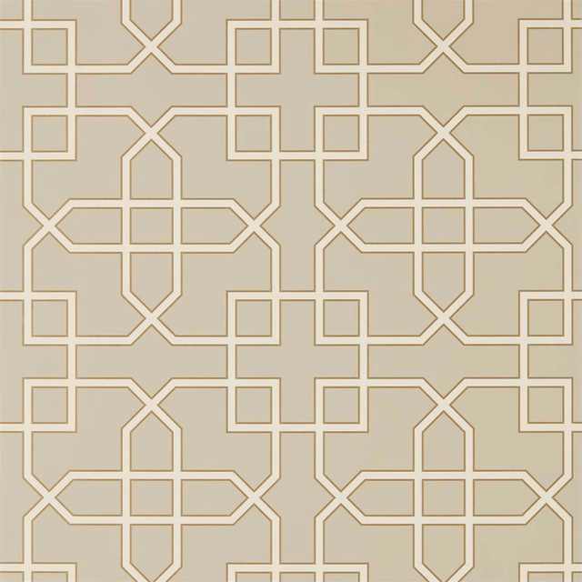 Soft greige wallpaper with warm taupe-gold interlocking trellis outlines and angular motifs