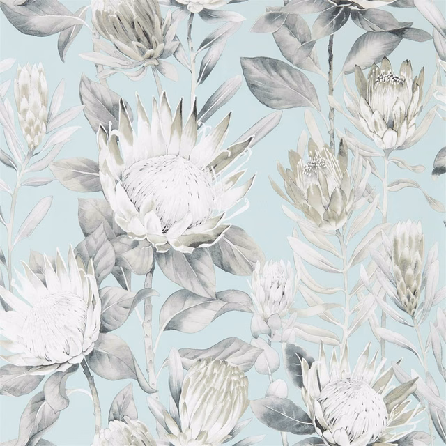 Pale aqua wallpaper with large white proteas and soft grey-green leaves
