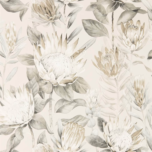 Pale linen wallpaper with oversized proteas, sage-grey leaves and mica detailing