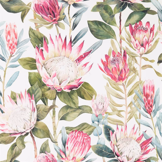 Cream wallpaper with pink protea flowers, olive leaves and blue-grey painted foliage