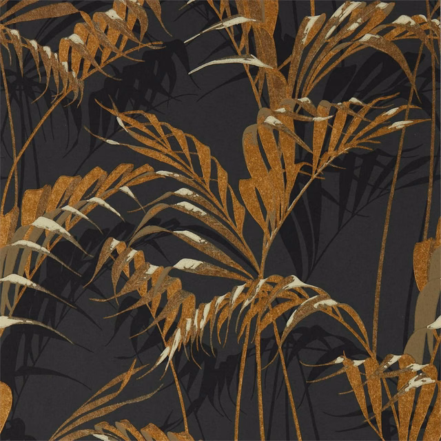 Charcoal wallpaper with sweeping gold fronds, pale accents and layered shadow foliage