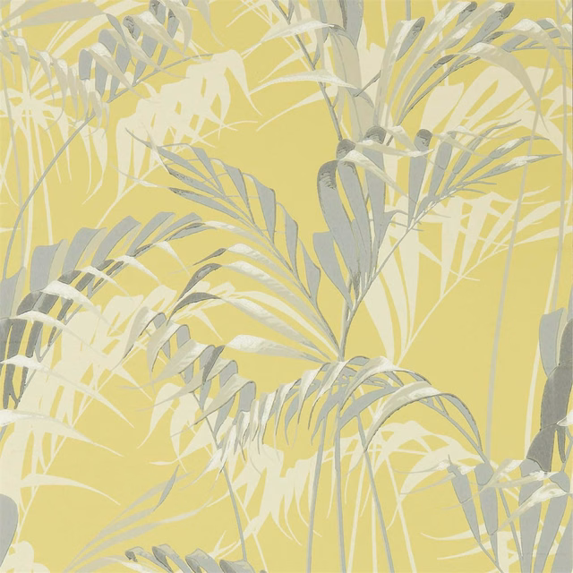 Chartreuse wallpaper with sweeping grey palm leaves and pale botanical fronds