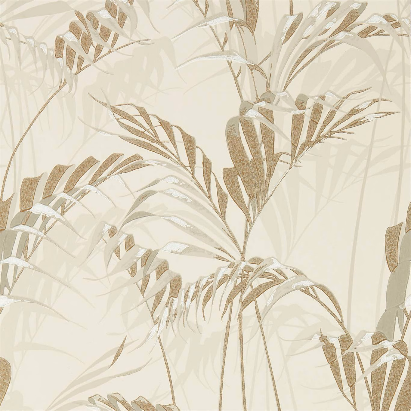 Warm ivory wallpaper with taupe botanical leaves and delicate layered foliage