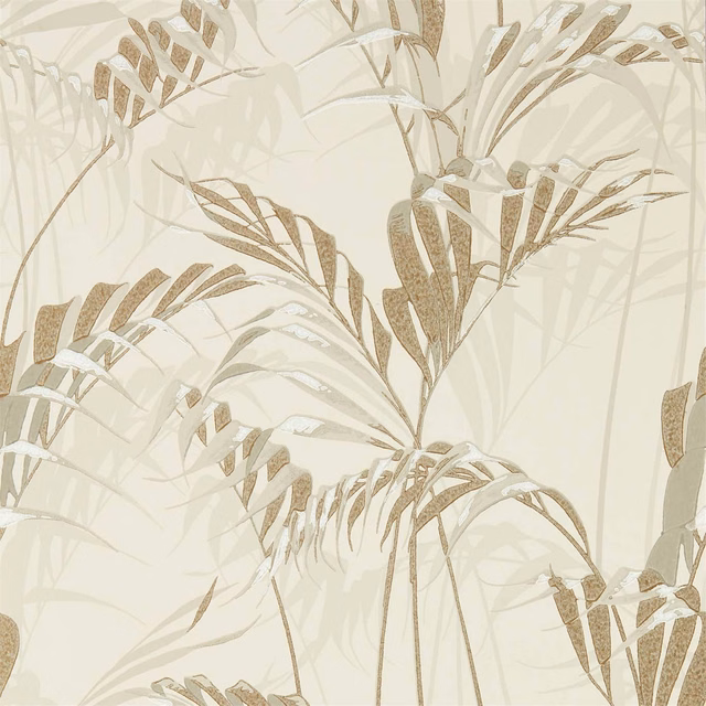 Warm ivory wallpaper with taupe botanical leaves and delicate layered foliage