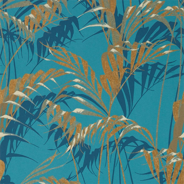Saturated teal wallpaper with layered gold, cream and deep blue palm foliage