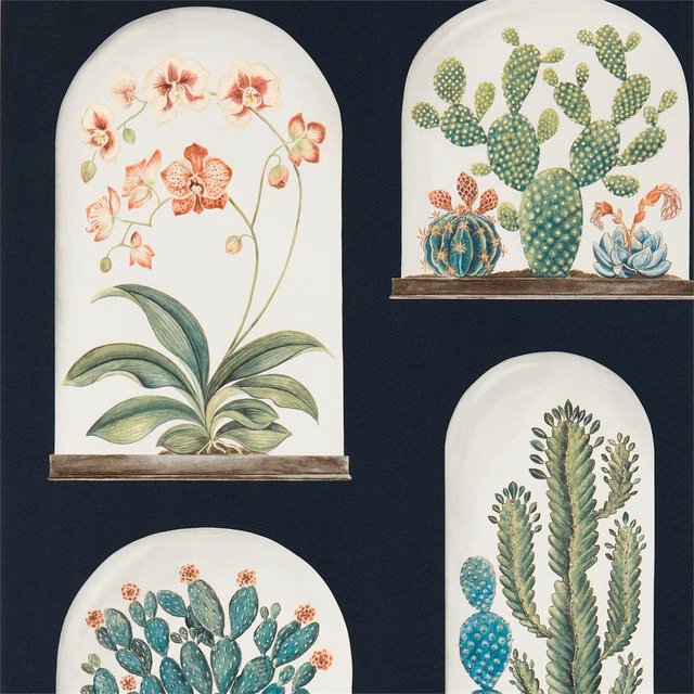 Ink-dark wallpaper with cream arches, green cacti, coral flowers and teal succulents