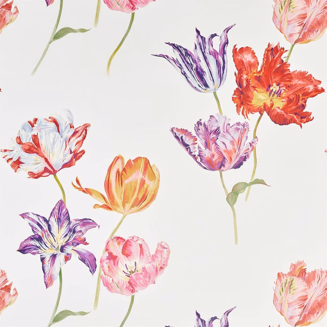 Ivory wallpaper with large painterly tulips in coral, violet, orange and pink