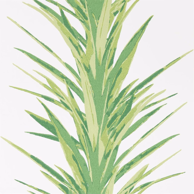 Painterly yucca leaves in layered fresh greens on a white wallpaper ground