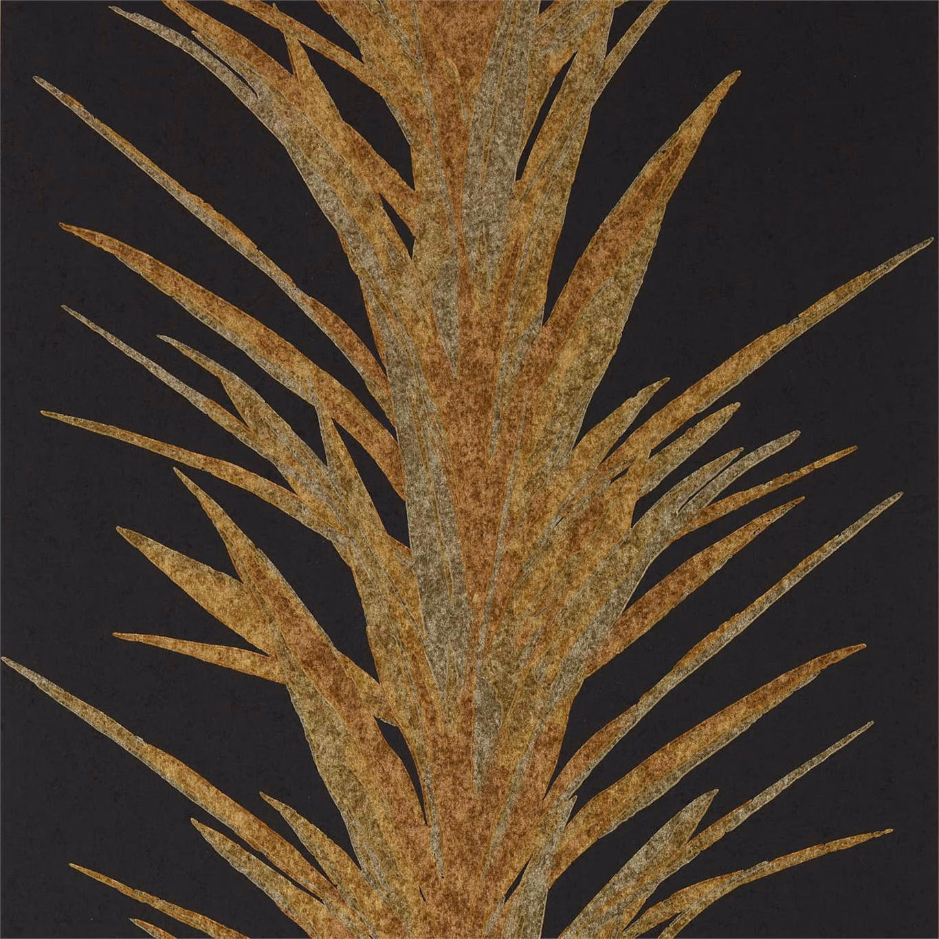 Charcoal wallpaper with a large mottled antique-gold yucca motif