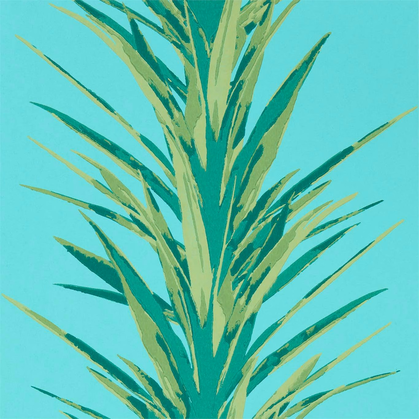 Turquoise wallpaper with tall layered yucca leaves in teal and lime green