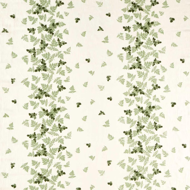 Cream fabric swatch with scattered silver-green fern leaves and darker moss accents