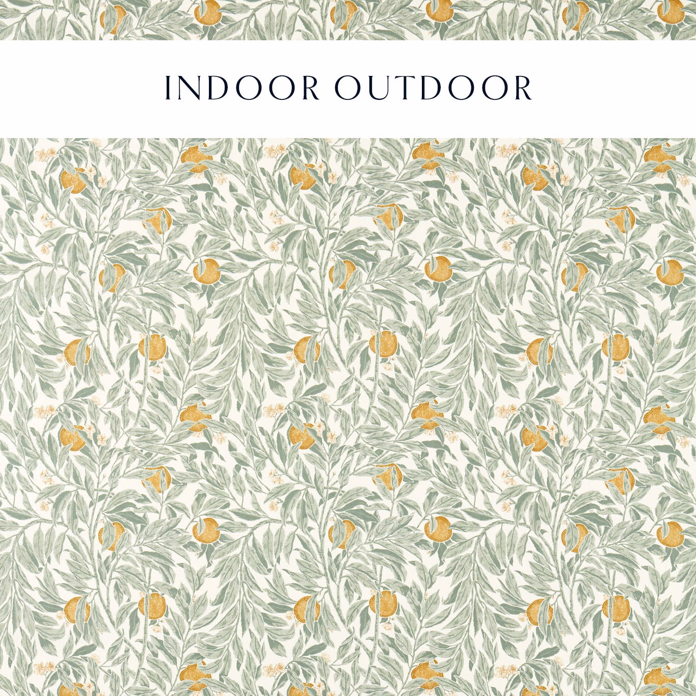 Sage and gold orchard leaf fabric swatch with repeating botanical fruit motif