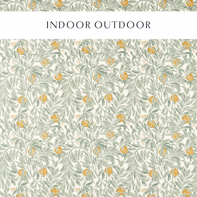 Sage and gold orchard leaf fabric swatch with repeating botanical fruit motif