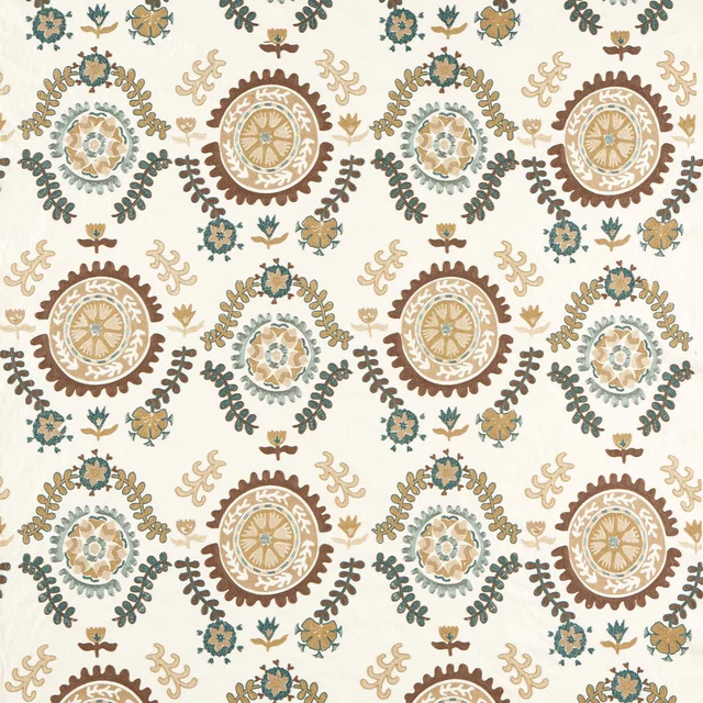 Cream suzani embroidery fabric with brown, teal and ochre medallions