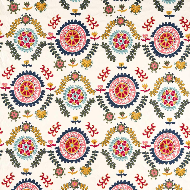 Embroidered suzani motif on ivory ground with sapphire, ruby, pink and gold details