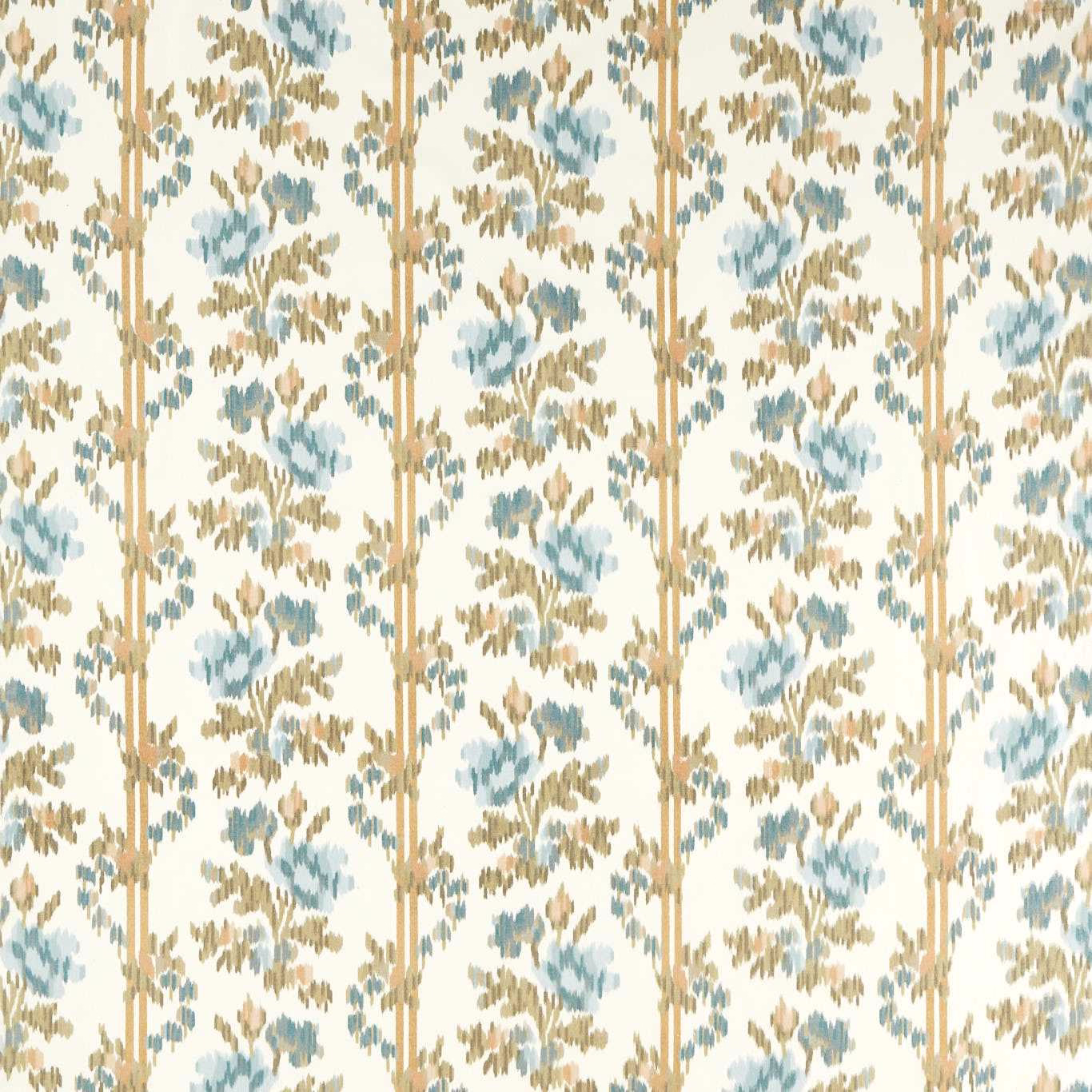 Cream woven fabric with vertical beige bands and soft blue leaf-like motifs