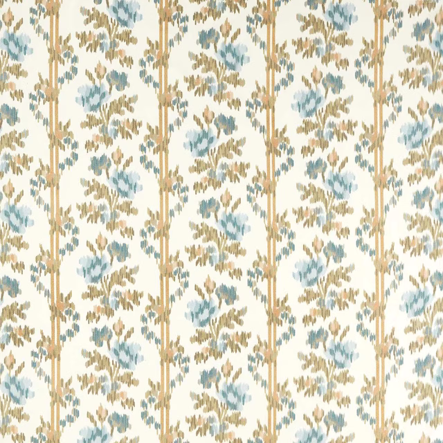 Cream woven fabric with vertical beige bands and soft blue leaf-like motifs