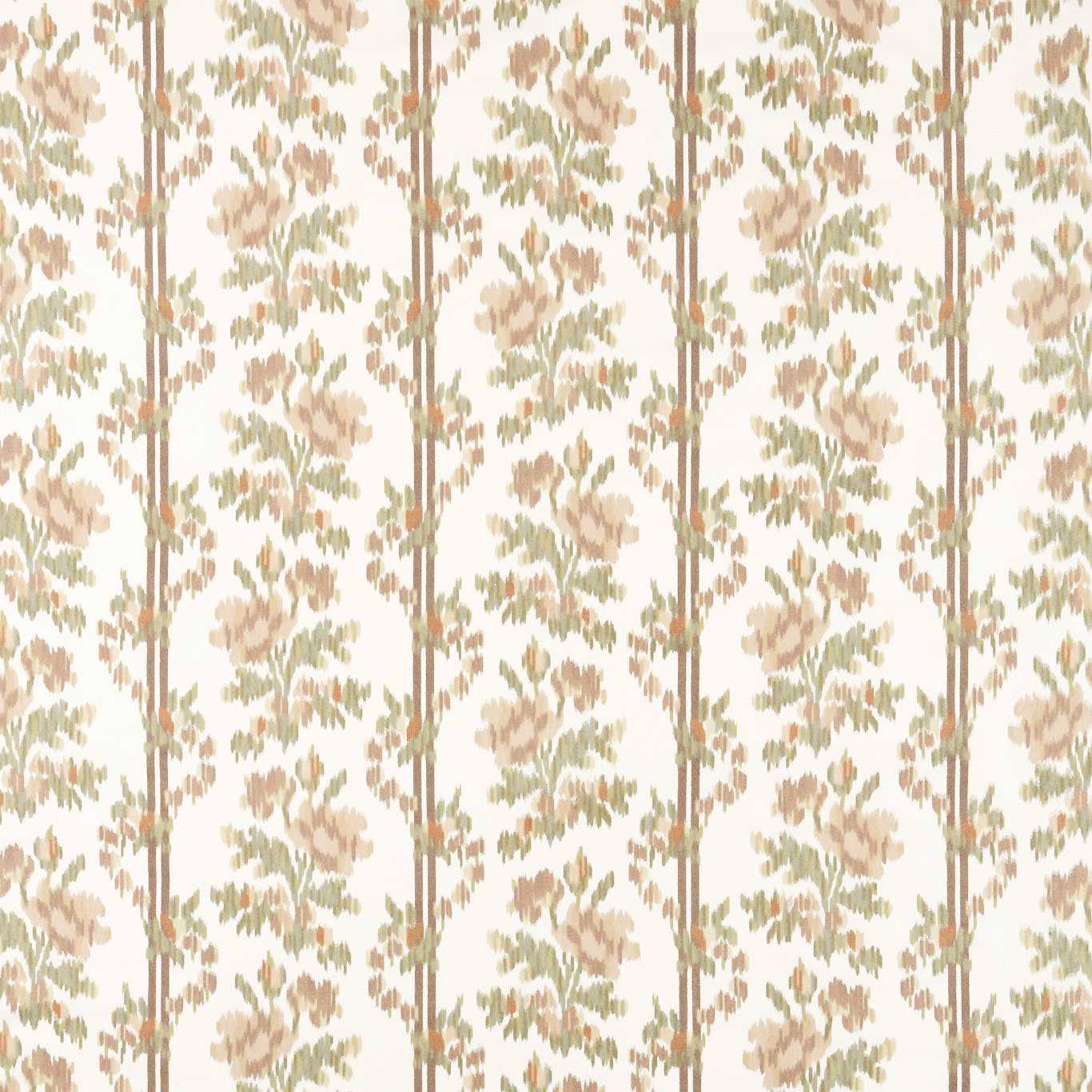 Parchment floral fabric with dusty rose blooms, olivine leaves and vertical stripes