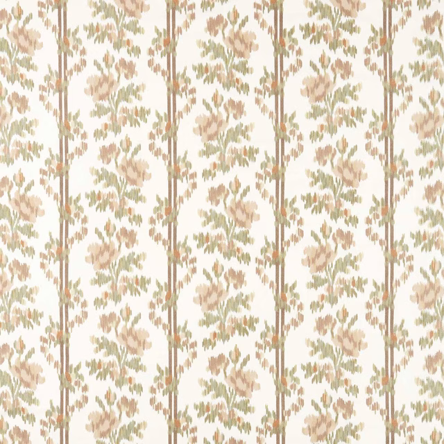 Parchment floral fabric with dusty rose blooms, olivine leaves and vertical stripes