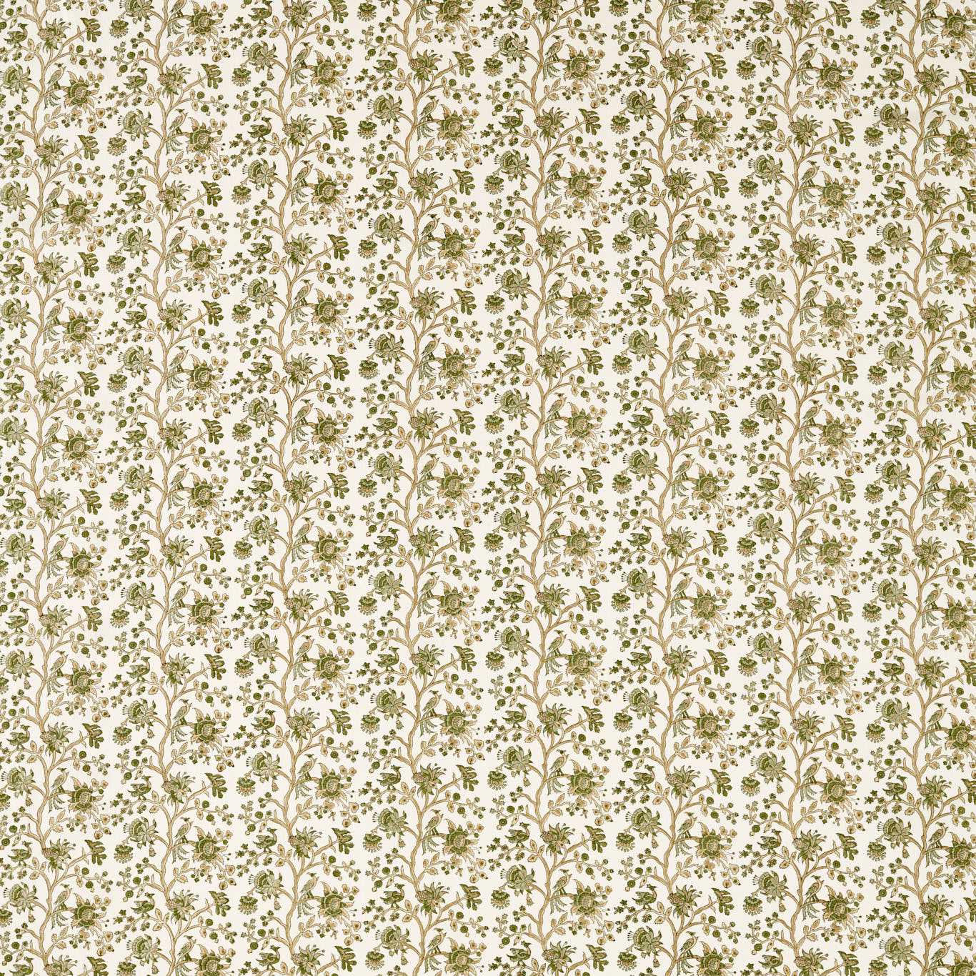 Cream fabric with slim olive floral vine stripes and small trailing motifs