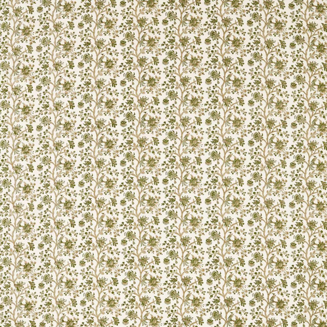Cream fabric with slim olive floral vine stripes and small trailing motifs
