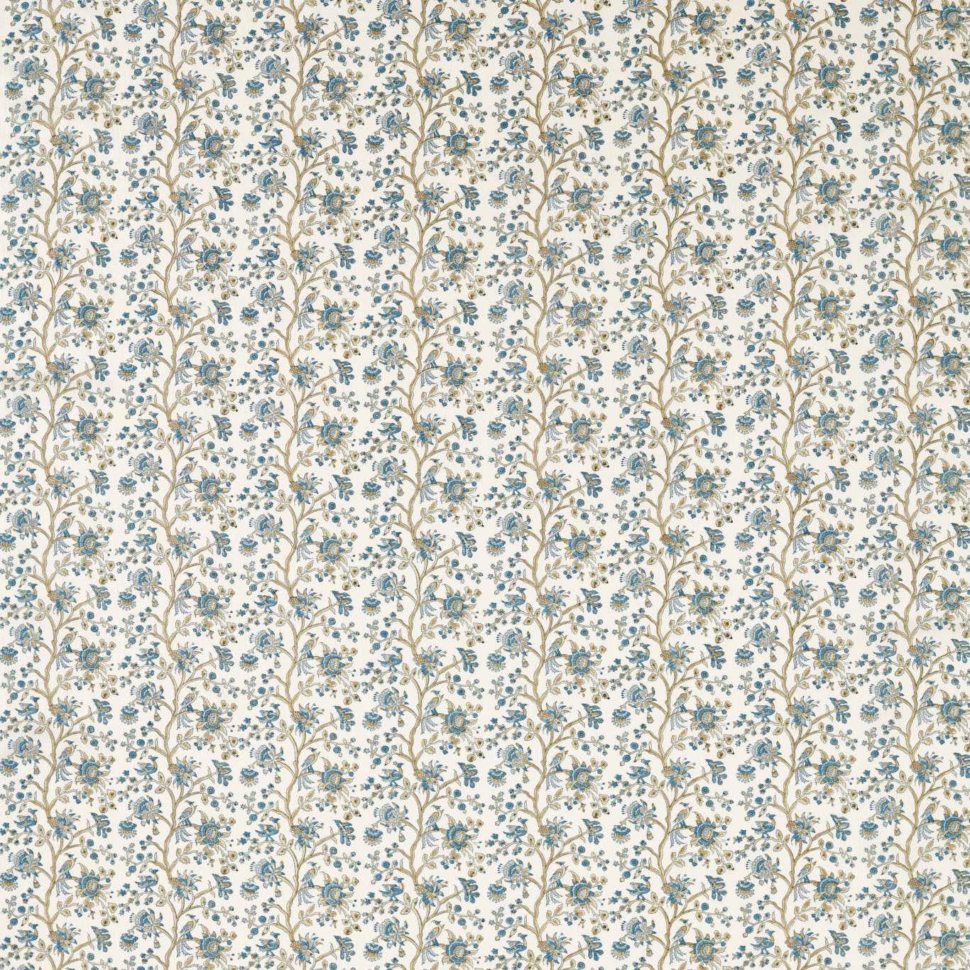 Cream floral fabric with trailing Wedgwood blue blossoms and tan vines