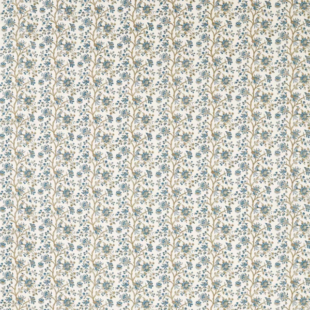 Cream floral fabric with trailing Wedgwood blue blossoms and tan vines
