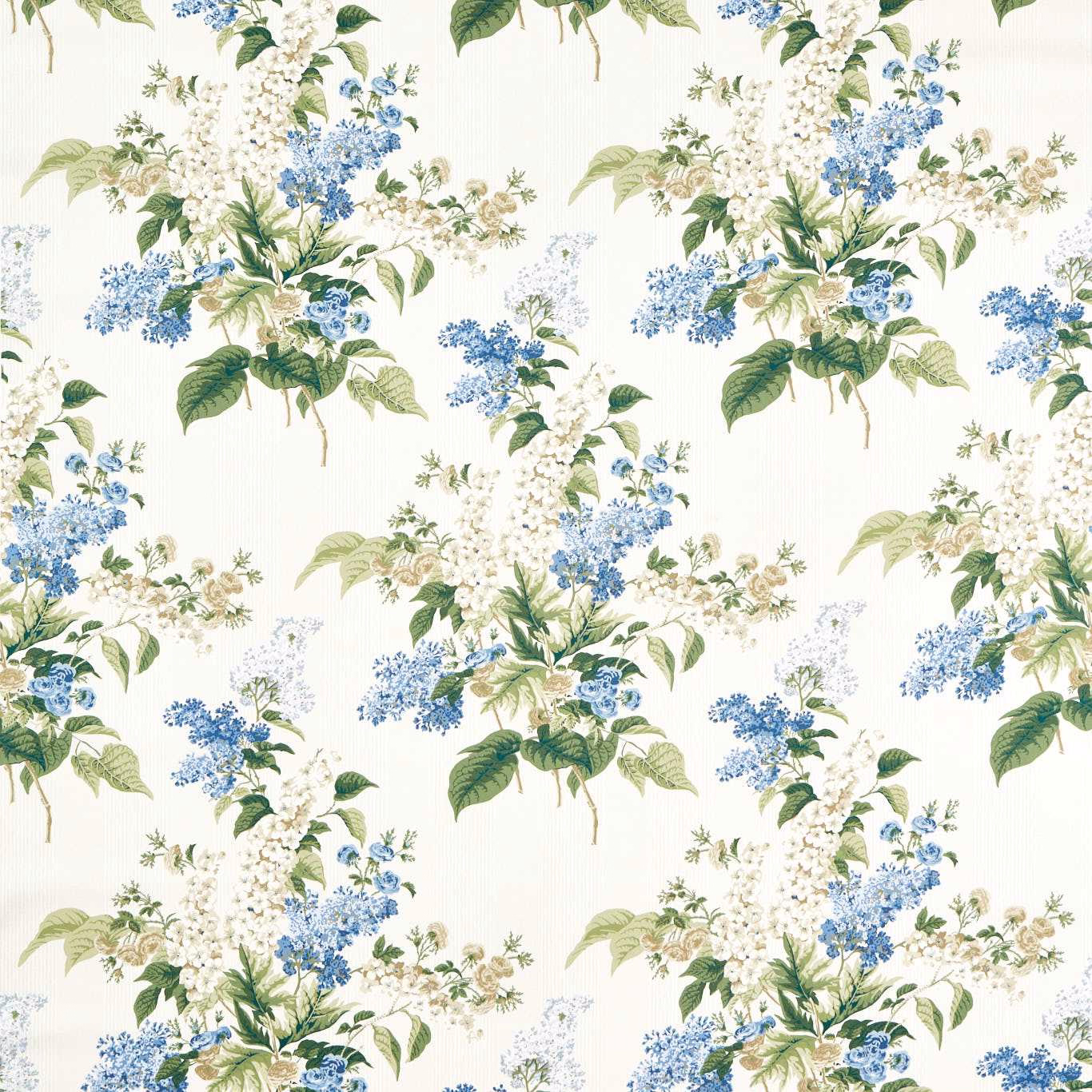 Large botanical fabric print with blue delphiniums, white flowers and green leaves