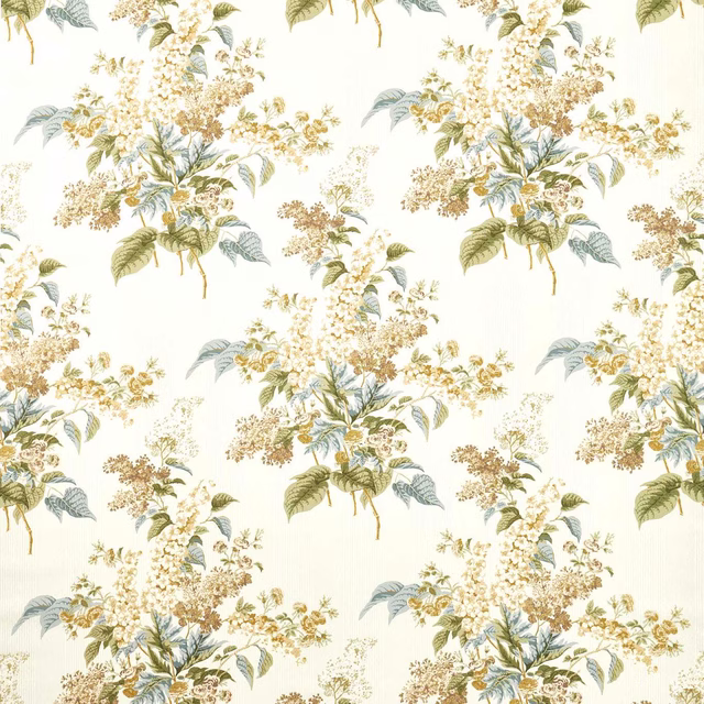 Cream botanical fabric with sage, blue-grey and ochre wildflower sprigs