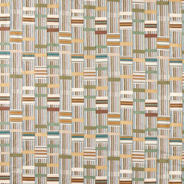 Patchwork woven fabric with lichen green, cream and earthy striped blocks