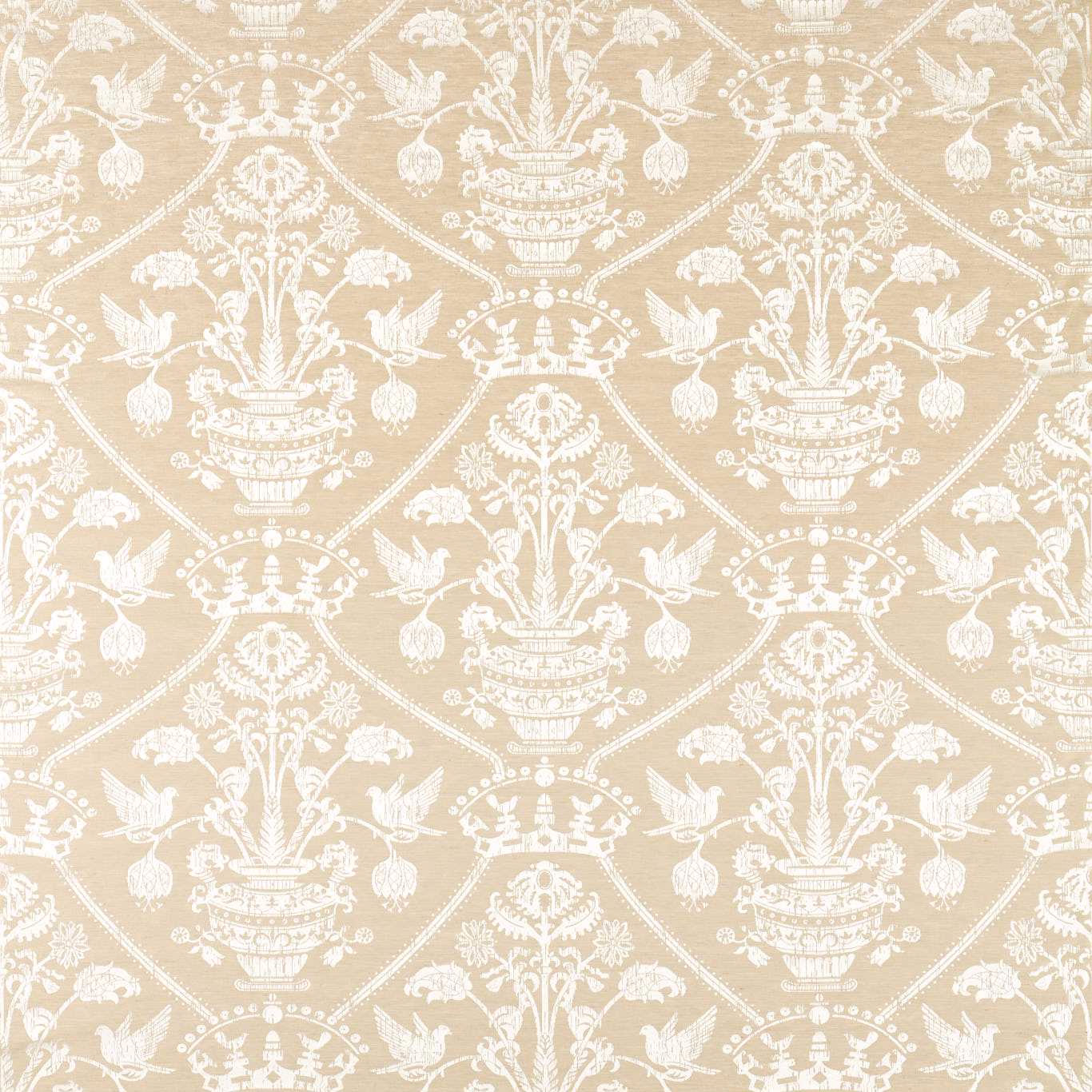 Beige damask fabric with ivory motif and subtle woven texture