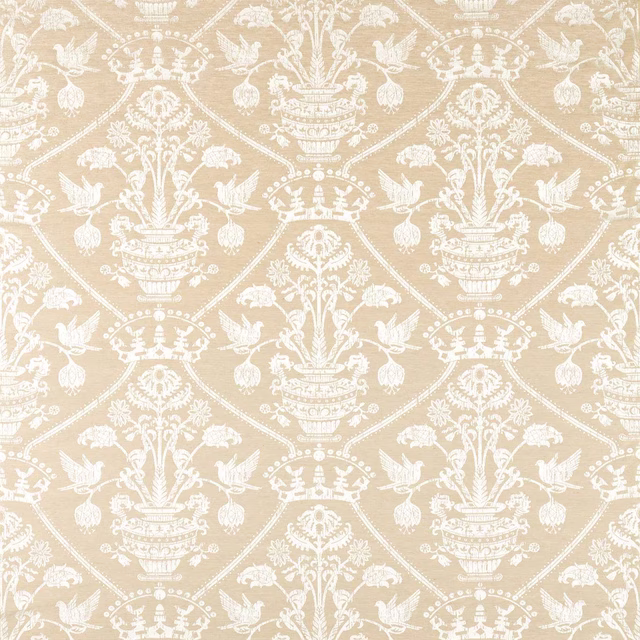 Beige damask fabric with ivory motif and subtle woven texture