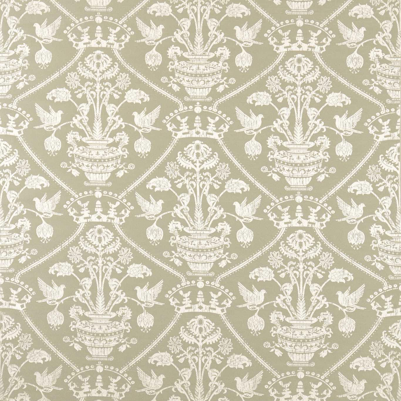 Pale sage green damask fabric with ivory urn and bird motifs
