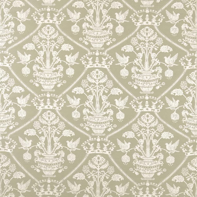 Pale sage green damask fabric with ivory urn and bird motifs