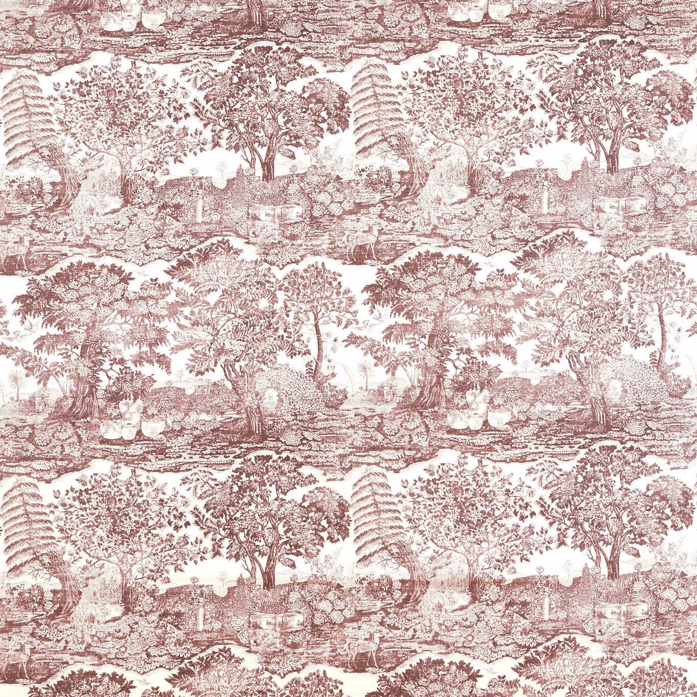 Dusty rose toile fabric with trees and pastoral scenes on a pale ground