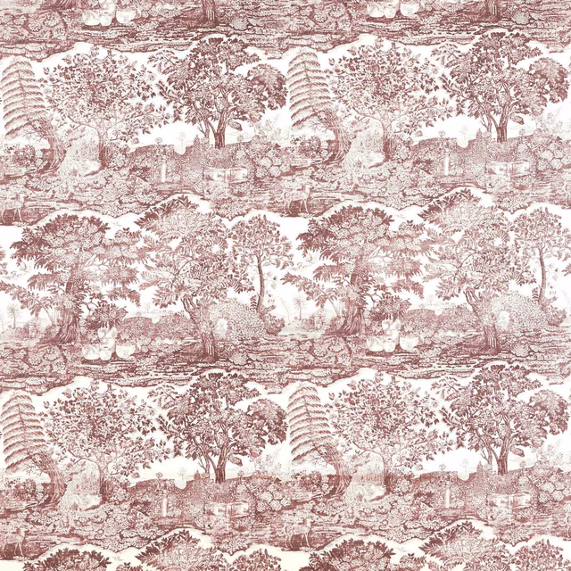 Dusty rose toile fabric with trees and pastoral scenes on a pale ground