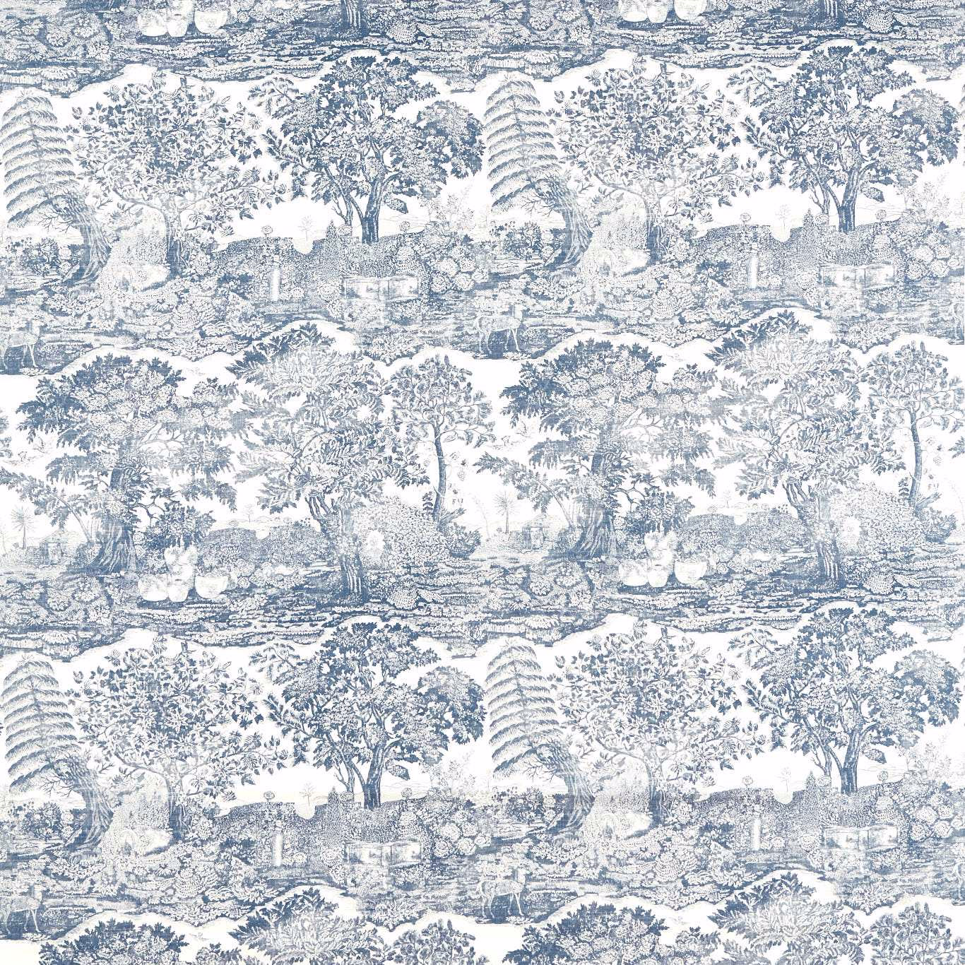 Blue and white toile fabric with detailed trees, garden scenes and landscape motifs