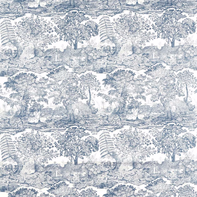 Blue and white toile fabric with detailed trees, garden scenes and landscape motifs