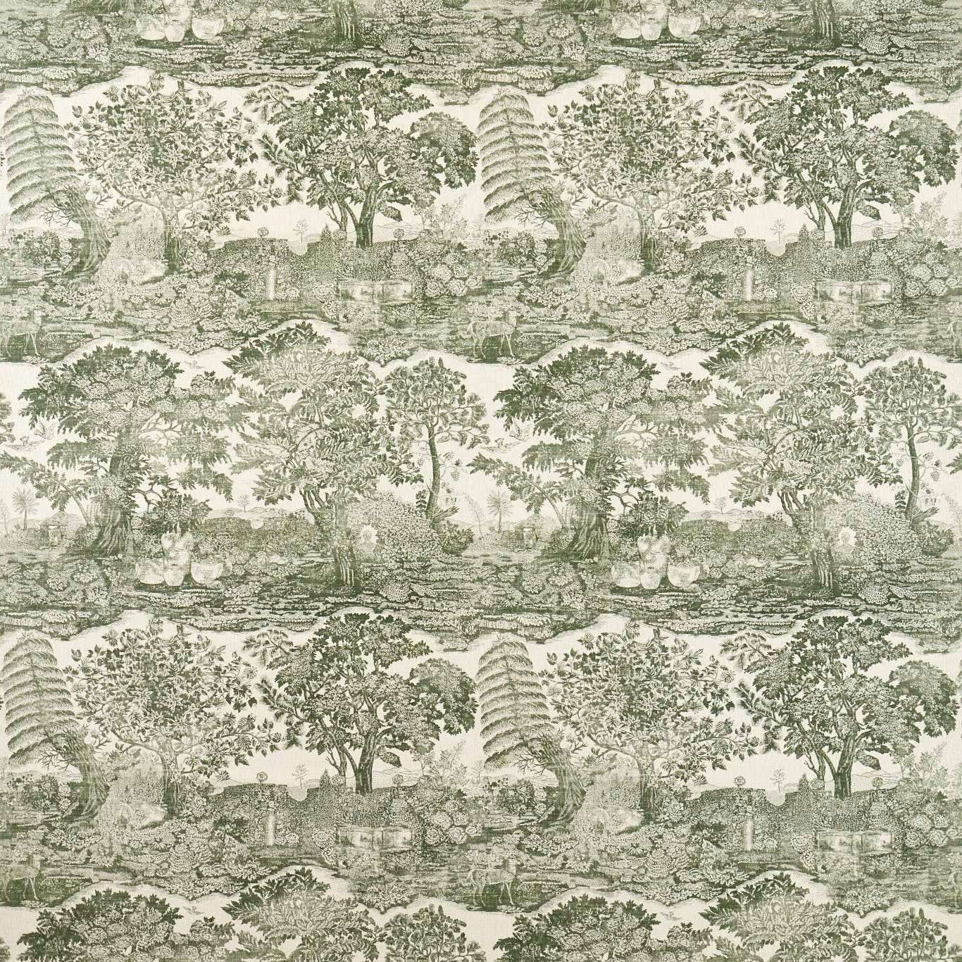 Muted green woodland toile with trees and garden scenes on a cream ground