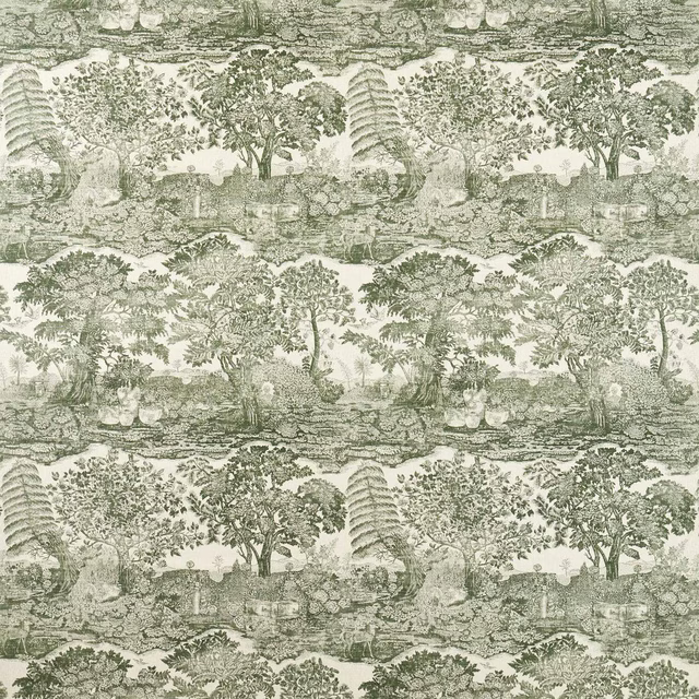 Muted green woodland toile with trees and garden scenes on a cream ground