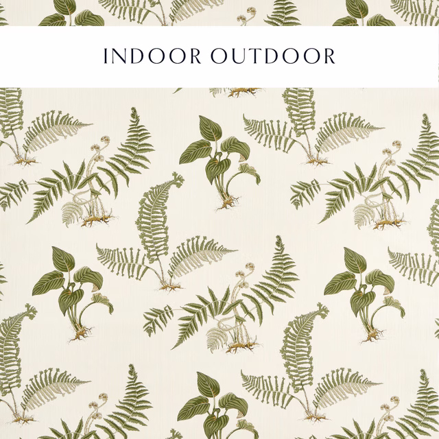 Cream outdoor fabric swatch with olive fern fronds and hosta leaves, large botanical repeat