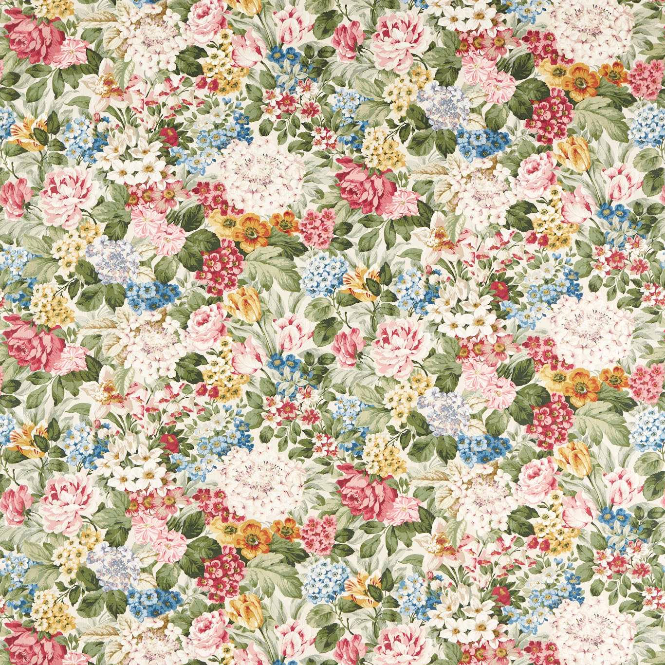 Dense pastel floral chintz with pink, blue, cream and green blooms