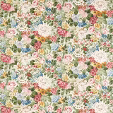 Dense pastel floral chintz with pink, blue, cream and green blooms