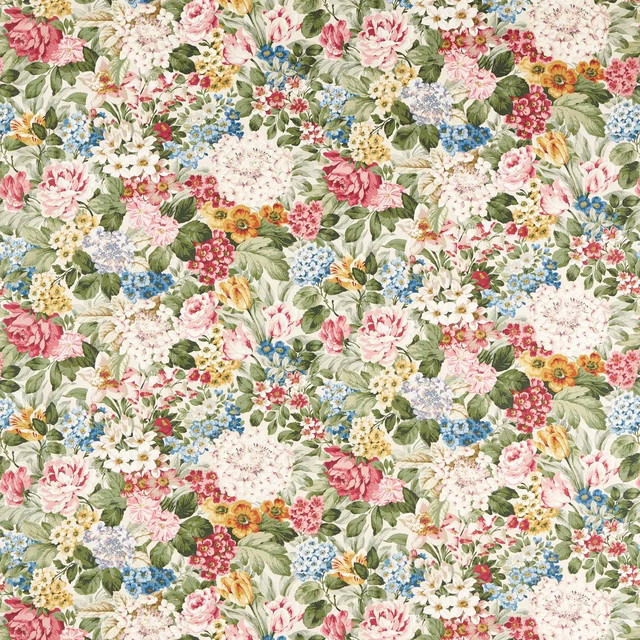 Dense pastel floral chintz with pink, blue, cream and green blooms