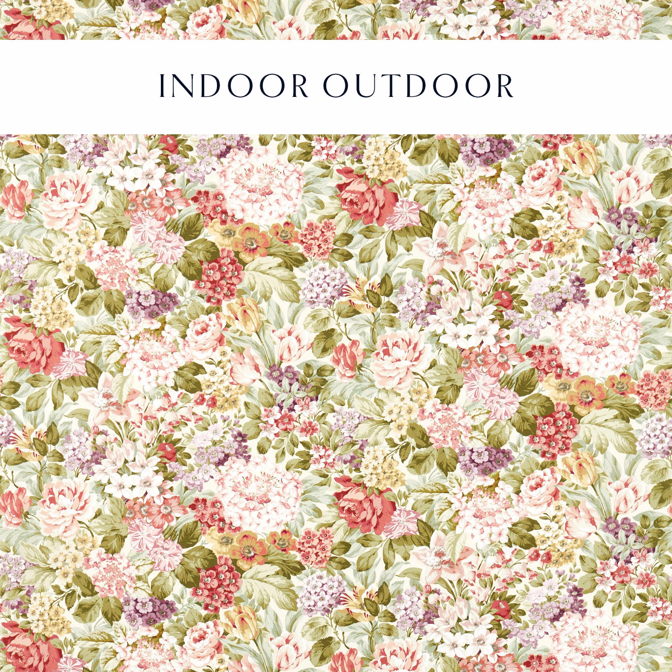Dense floral print in blush, coral, lilac and olive on a pale ground