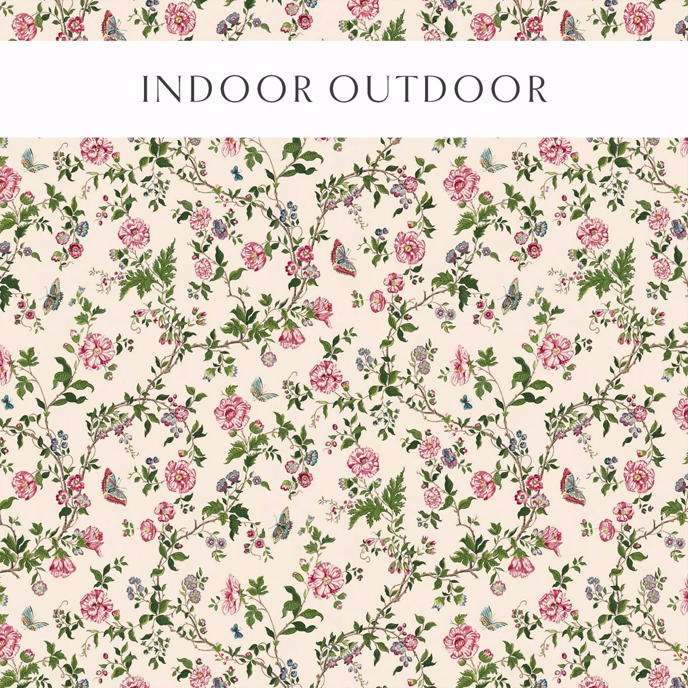 Cream floral outdoor fabric with pink roses and green trailing vines