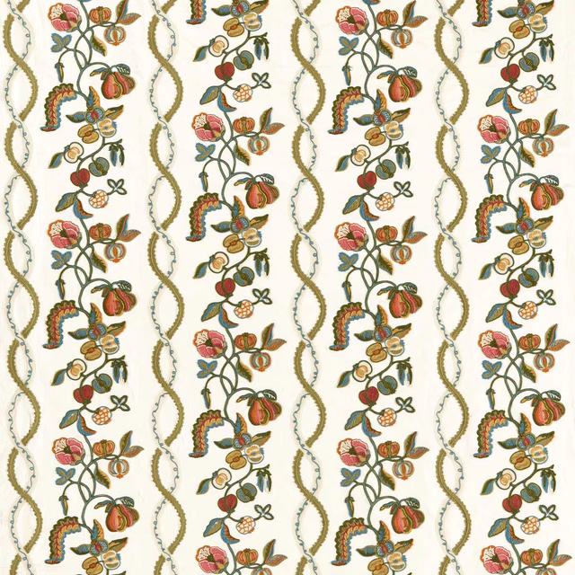 Embroidered fruit stripe on ivory fabric with scalloped olive bands