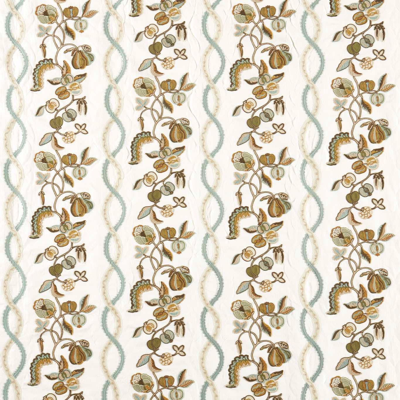 Embroidery fabric with pear-green floral columns and pale wavy borders on ivory
